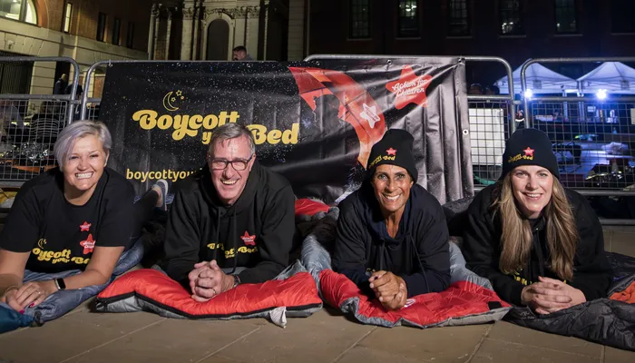 Four people outside St Paul's Cathedral for Boycott your Bed England South