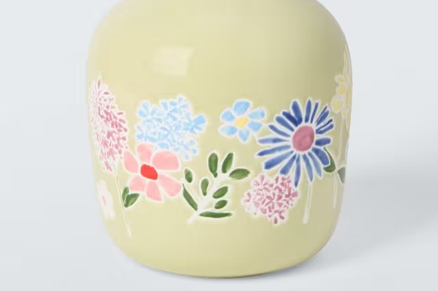 Floral printed stoneware vase in cream colour