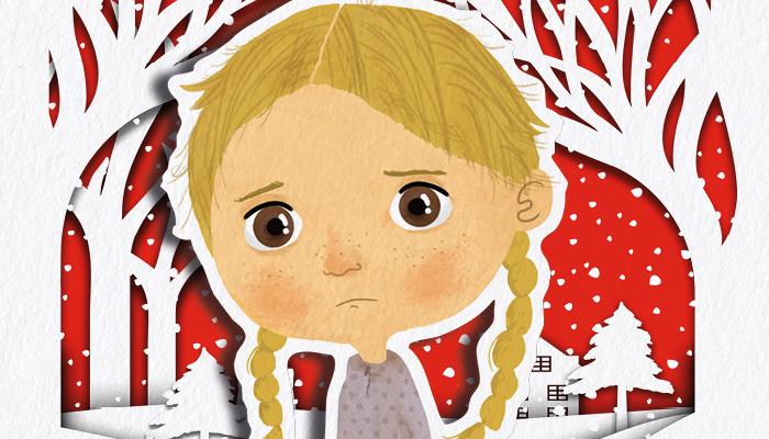 Illustration of a girl looking sad on a snowy background.