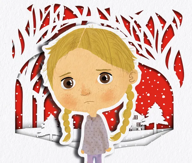 Illustration of a girl looking sad on a snowy background.