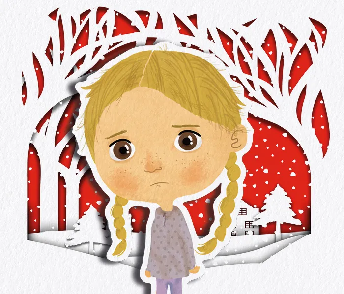 Illustration of a girl looking sad on a snowy background.