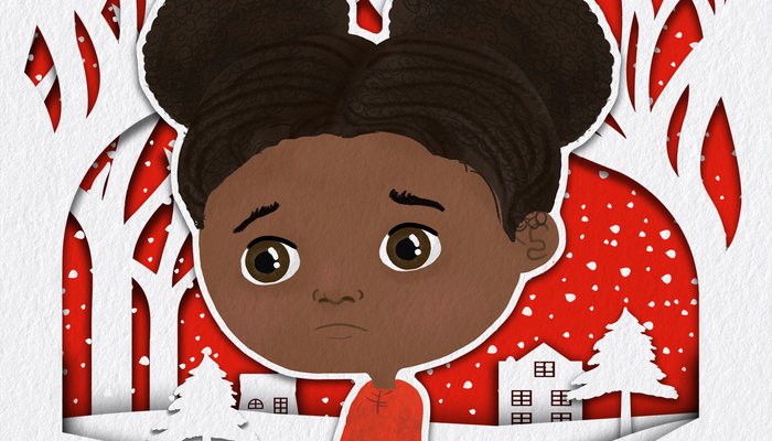 Illustration of a girl looking sad on a snowy background.