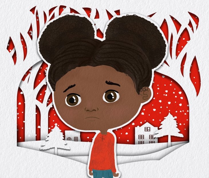 Illustration of a girl looking sad on a snowy background.