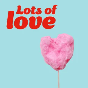 Lot's of love eCard with heart candyfloss on blue background