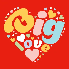 Big love heart shaped typography multicoloured