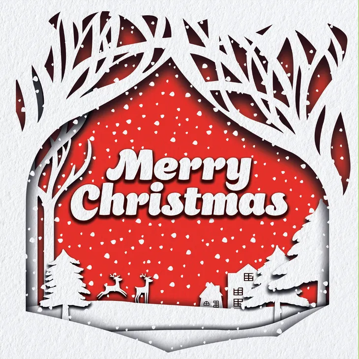 Merry Christmas on a red background with snow and paper cut outs of trees, reindeer and houses