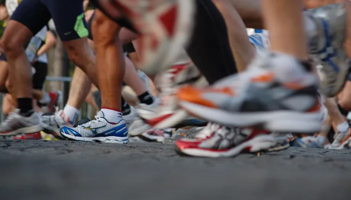 Close up of runners feet in London Marathon