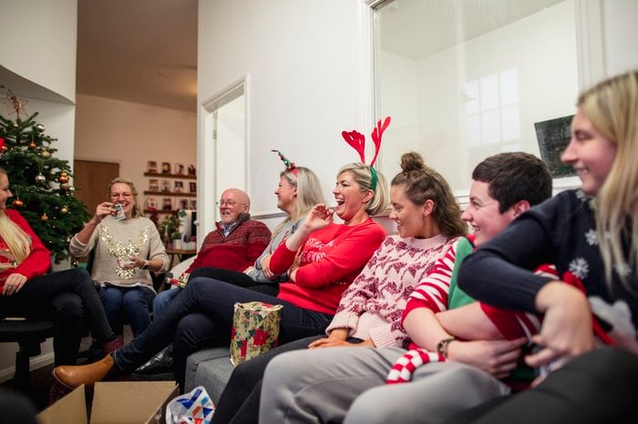 Colleagues during a game at the office Christmas part