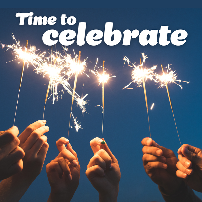 Hands holding sparklers with white text saying Time to celebrate
