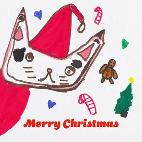 A child's drawing of a cat wearing a santa hat