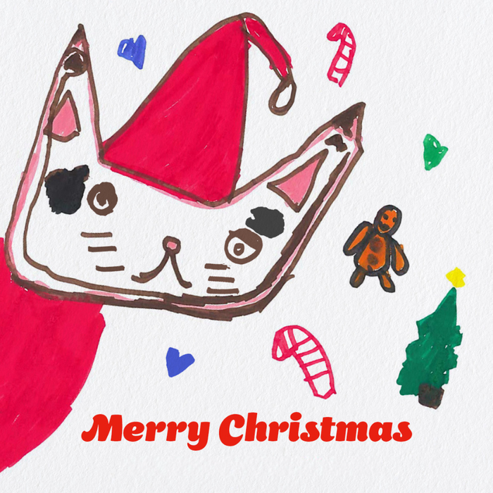 A child's drawing of a cat wearing a santa hat