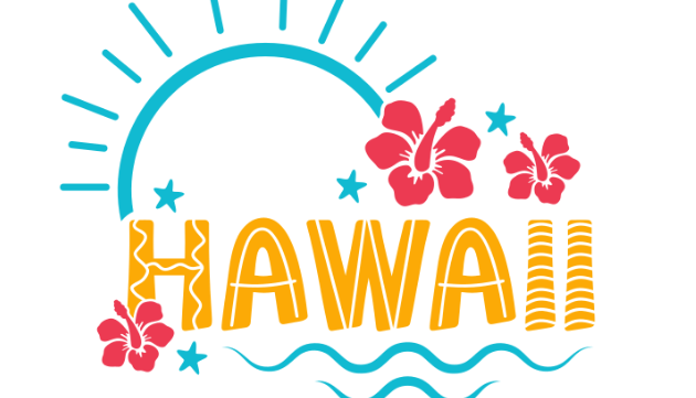 An outline of a sun in blue with three pink flowers and yellow hawaii wording with blue waves underneath