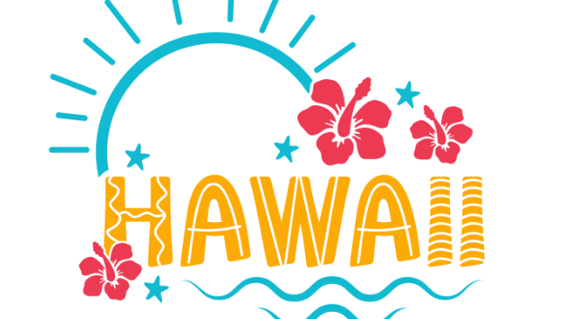 An outline of a sun in blue with three pink flowers and yellow hawaii wording with blue waves underneath