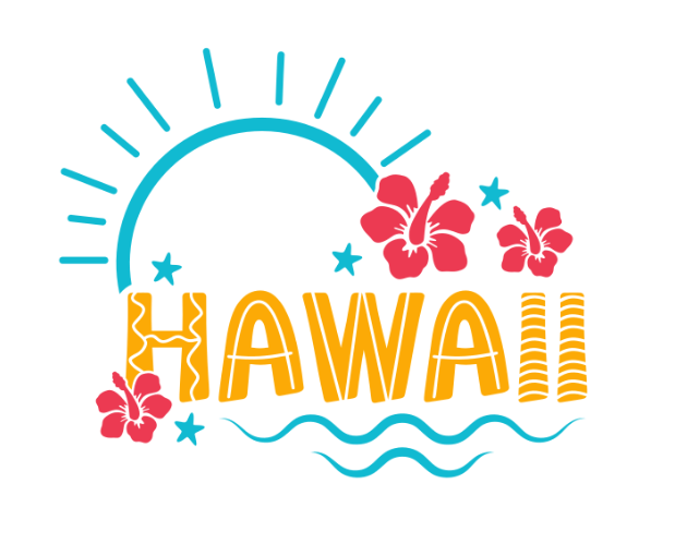An outline of a sun in blue with three pink flowers and yellow hawaii wording with blue waves underneath