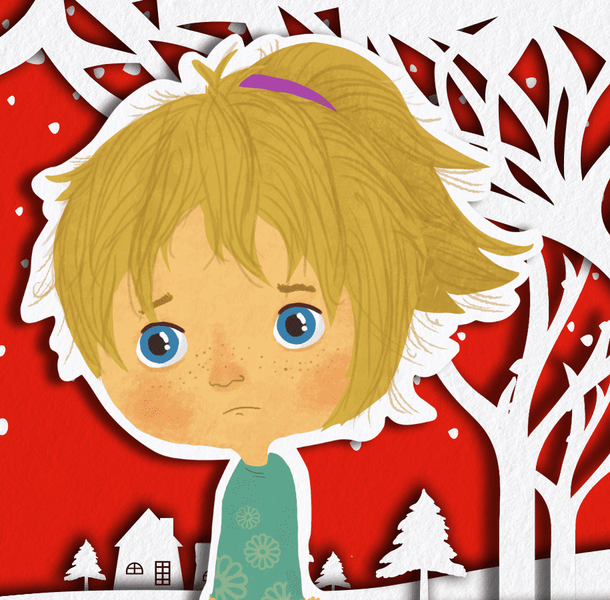 Lucy, illustration of sad blond girl in front of a red and white snowy background - smaller
