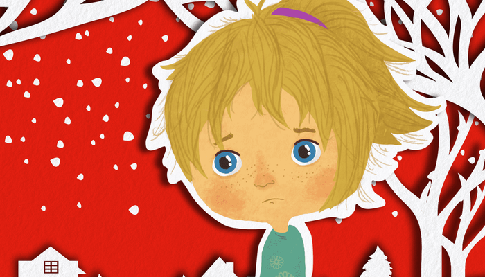 Lucy, illustration of sad blond girl in front of a red and white snowy background - smaller