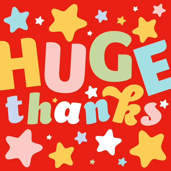 Huge thanks multicoloured with stars on red background