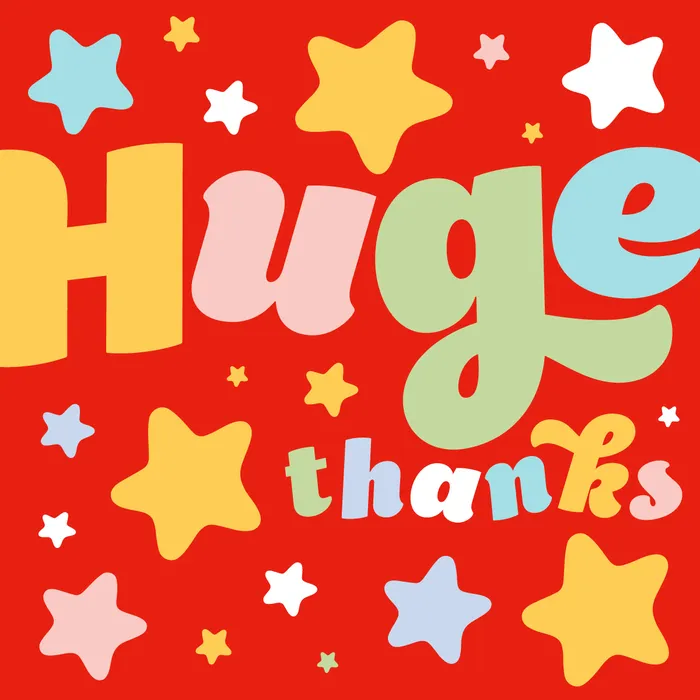 Huge thanks multicoloured with stars on red background