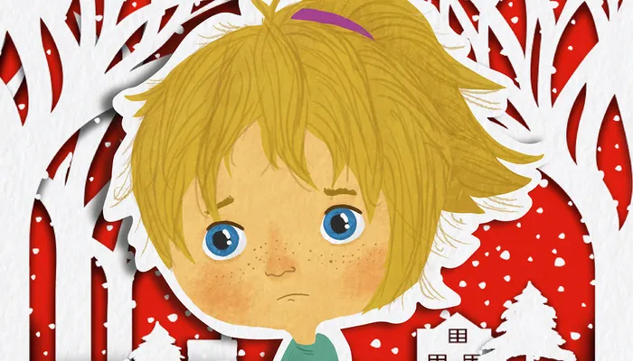 Illustration of Lucy - Sad blonde girl on a red and white paper cut out snowy scene