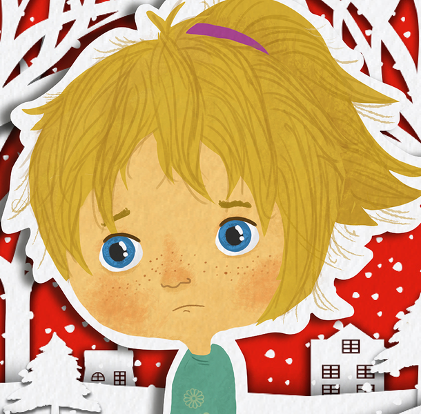 Illustration of Lucy - Sad blonde girl on a red and white paper cut out snowy scene