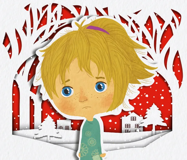 Illustration of Lucy - Sad blonde girl on a red and white paper cut out snowy scene