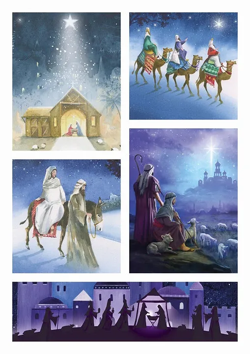Illustration of vairous scenes of the navity story