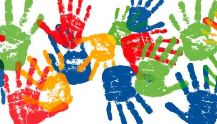 Painted hands in red, blue, green and yellow