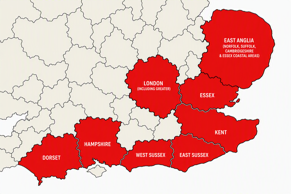 A map which shows the area which Action for Children Fostering covers for London and the South East.