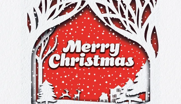 Merry Christmas on red background with snow and trees zoomed out