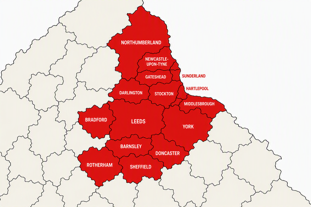 A map which shows the area which Action for Children Fostering covers for North and North East England.