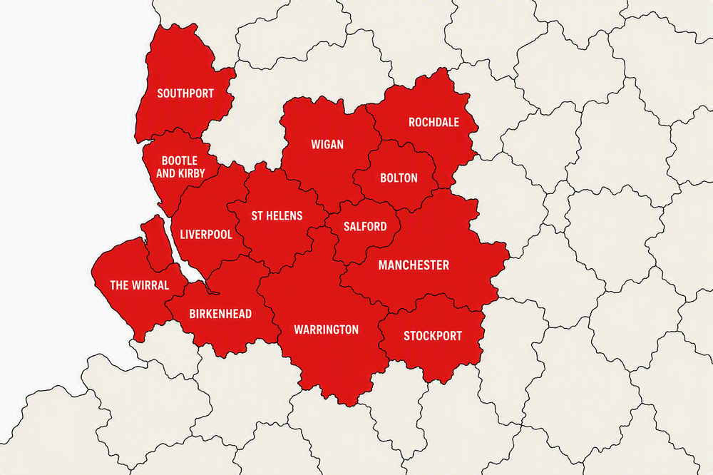 A map which shows the area which Action for Children Fostering covers for North West England.