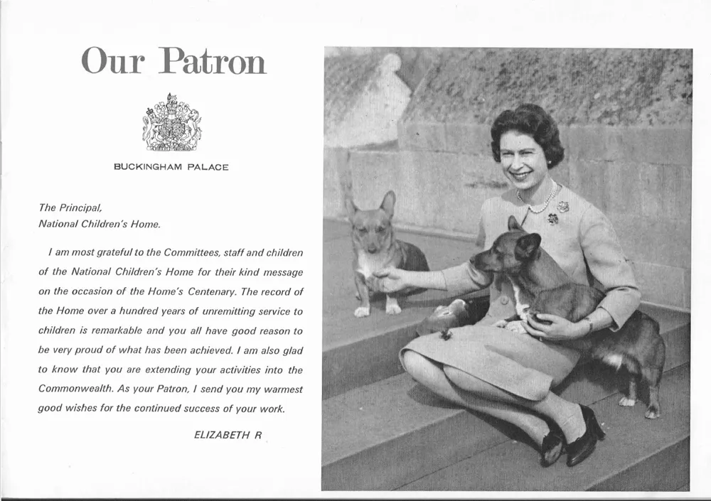 A photograph of Queen Elizabeth II seated on steps holding two dogs. Next to the photo is a letter from Buckingham Palace titled "Our Patron". The letter expresses gratitude from the Queen to the National Children's Home for their service