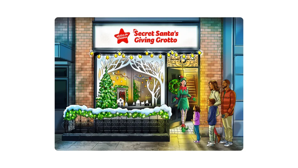 Santa's Giving Grotto illustrated image of entrance with elf in doorway