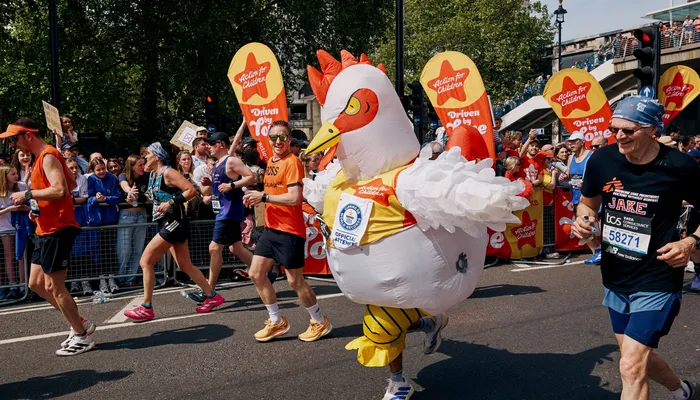 Sebastian Burley running in an inflatable chicken costume at the London Marathon 2026
