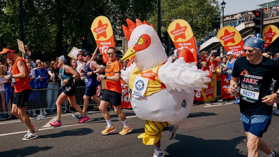 Sebastian Burley running in an inflatable chicken costume at the London Marathon 2026