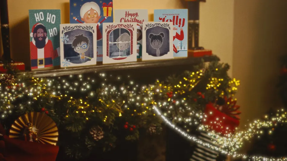 Secret Santa Christmas TV ad Festive mantlepiece with Christmas cards