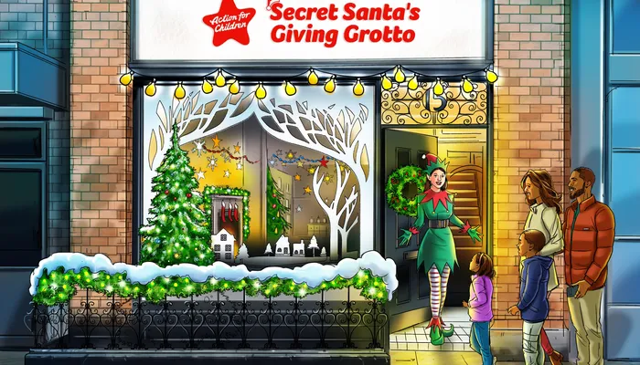 Secret Santa Giving Grotto illustrated image of entrance