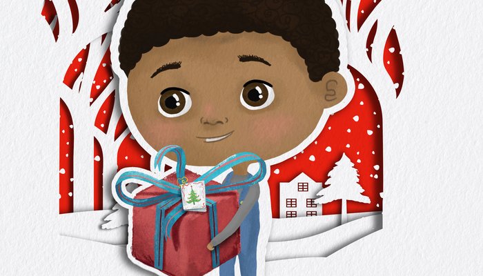 Illustration of a little boy holding a Christmas present and smiling