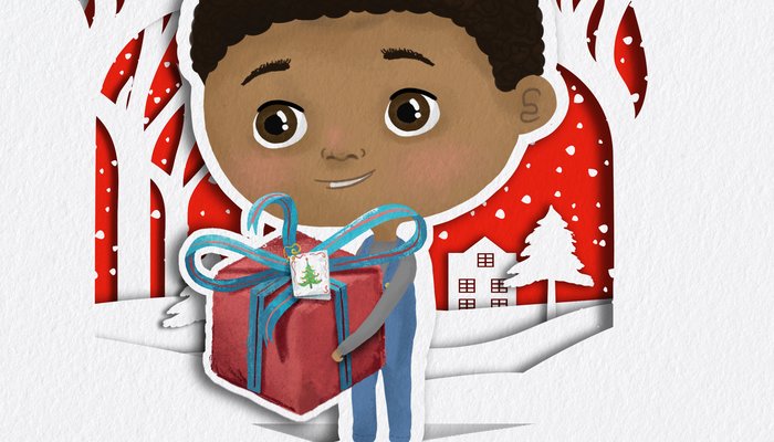 Illustration of a little boy holding a Christmas present and smiling