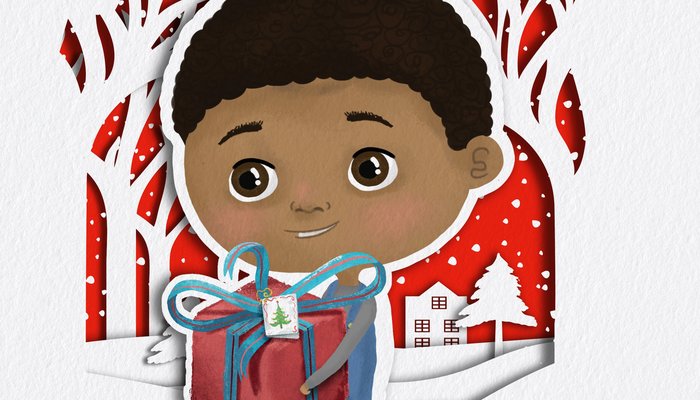 Illustration of a little boy holding a Christmas present and smiling