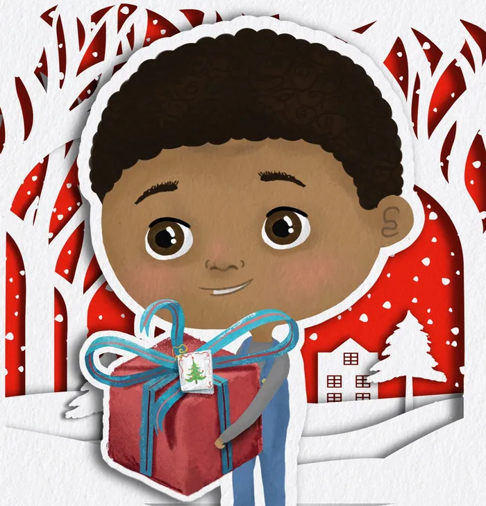 Illustration of a young child holding a Christmas present. He is smiling.