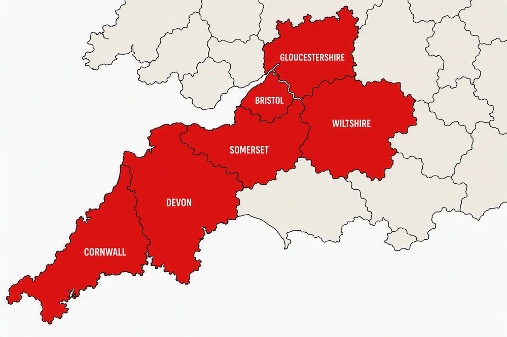 A map which shows the area which Action for Children Fostering covers for South West England.