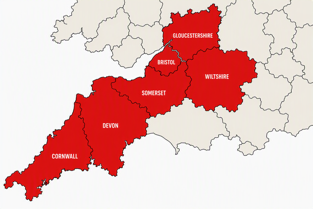 A map which shows the area which Action for Children Fostering covers for South West England.