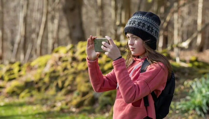 A young person outdoors in a wooded area taking a photo with a smartphone. The person wears a patterned knit hat, pink fleece, and black backpack, with blurred moss-covered ground and trees in the background.