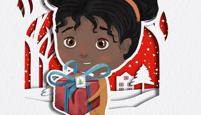 Illustration of a little girl holding a Christmas present and smiling