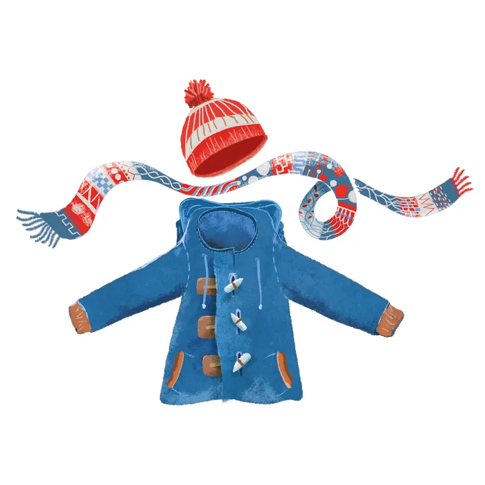 Illustration of winter clothing featuring a blue coat with toggle buttons and brown cuffs, a red and white striped knit hat with a pom-pom, and a long patterned scarf in red, white, and blue colours.