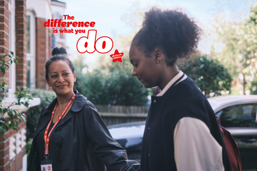 Young girl approaches new foster home with support worker, acted by Chan, one of Action for Children's young ambassadors