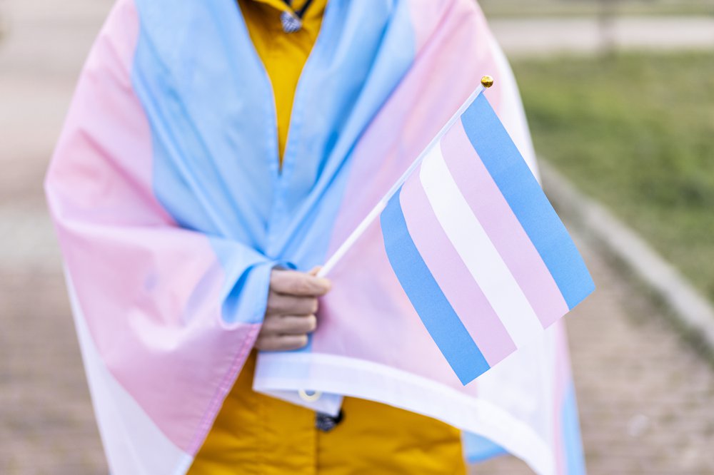 Woman covered with transgender flag.jpg