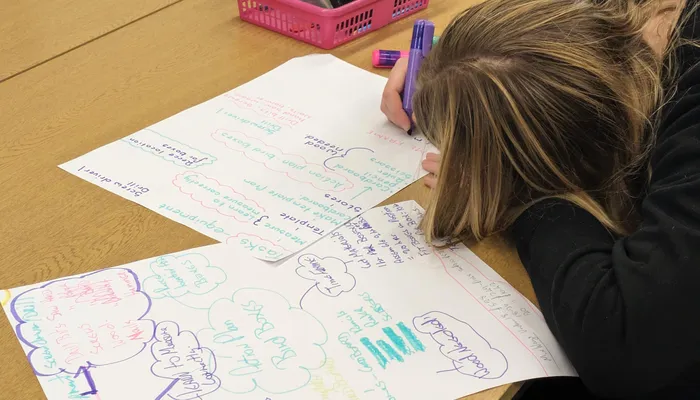 Young person writing a plan with bright coloured pens
