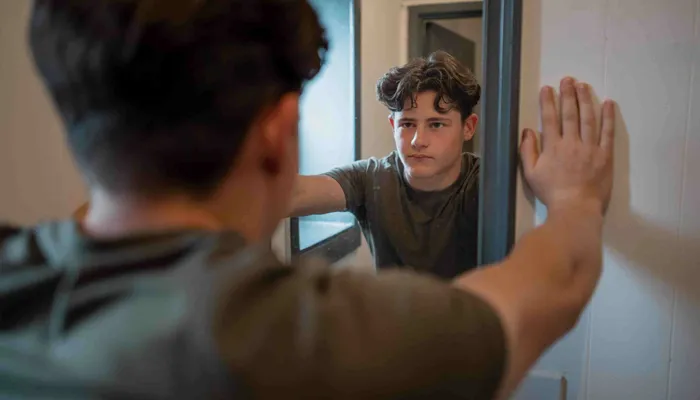 A person standing in front of a mirror with one hand touching the mirror surface and the other arm extended, wearing a grey t-shirt. The setting appears to be indoors with neutral-colored walls and a doorway visible in the reflection.